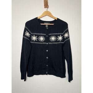 Eddie Bauer Lambs Wool Rabbit Hair Black Floral Cardigan Size LP Nordic